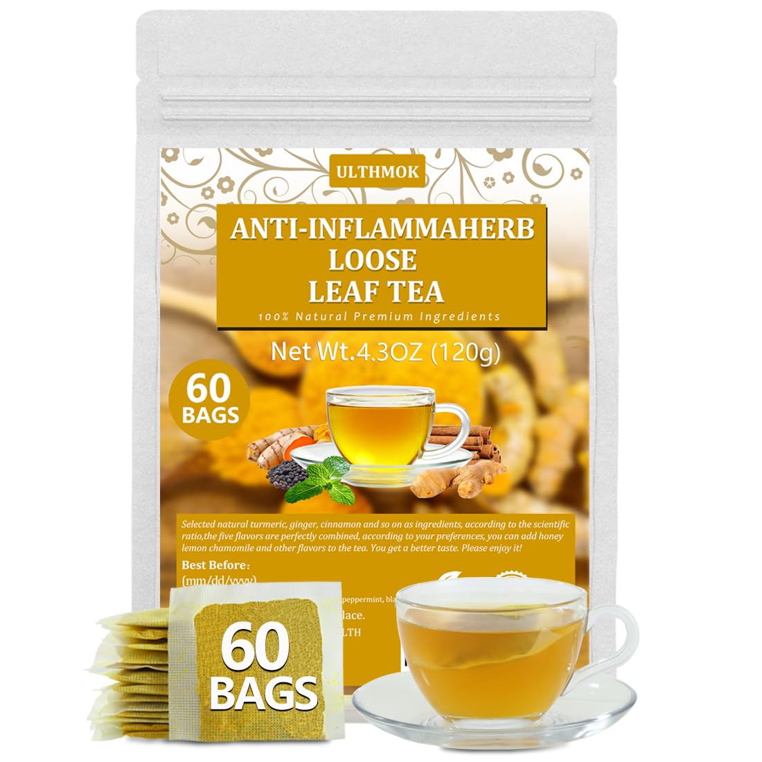 60 Top-High Standardnti-Inflammaherb Tea Bags Made With 100% Natural Herb Ingredients Turmeric Flavor Blendger Ceylon Cinnamon Peppermint Black Pepper No Additives & Energy Blend Free.