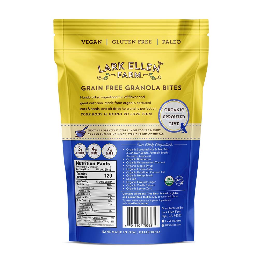 Lark Ellen Farm Grain-Free Granola, Certified Organic Raw Sprouted Vegan Clusters, Paleo & Crunchy Gluten-Free Bites For Cereal