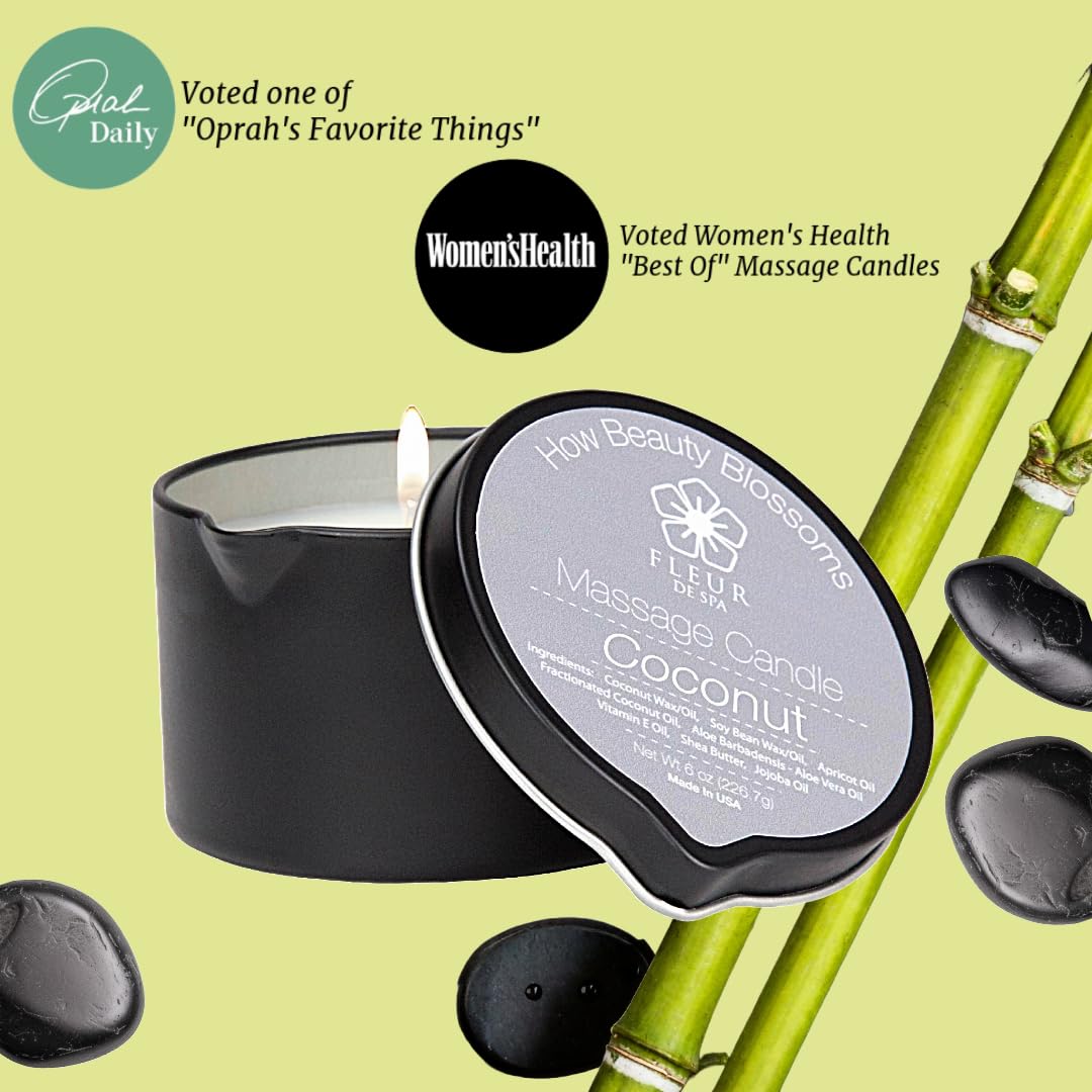 Massage Oil Candle By Fleur De Spa - All Natural - 6Oz With Pour Spout Made In Usa (Sweet Dreams)