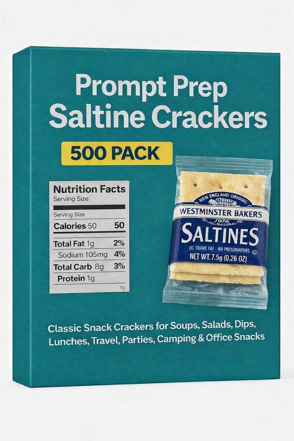 Prompt Prep Westminster Saltine Crackers, 500 Pack - Individually Wrapped Saltines, Fresh Baked Snack Crackers for Soups, Salads