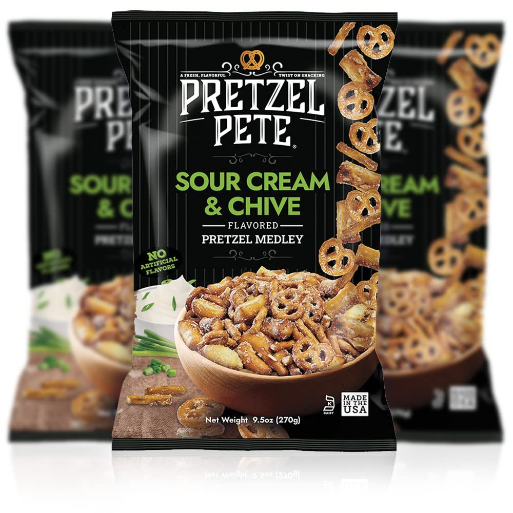 Pretzel Pete Sour Cream Chive Seasoned Pretzel Medley, Nut-Free and Sesame-Free Snack, Small Batch, Bold Flavor (9.5oz, Pack of