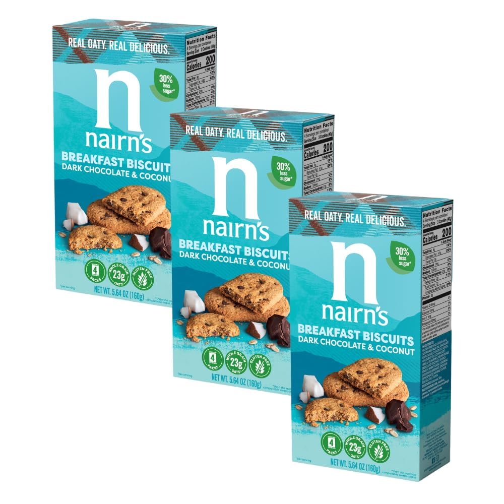 NairnS Gluten-Free Chocolate & Coconut Breakfast Biscuits - Healthy Tasty High Fiber Non-Gmo No Artificial Colors Flavors Or Preservatives Safe For Celiacs 5.64Oz (Pack Of 3)