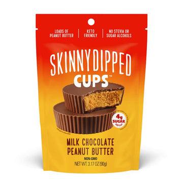 SkinnyDipped Milk Chocolate Peanut Butter Cups, 4g Sugar, Low Sugar, Low Carb, Gluten Free, 3.2oz Bag, 4 Pack (24 Cups Total)