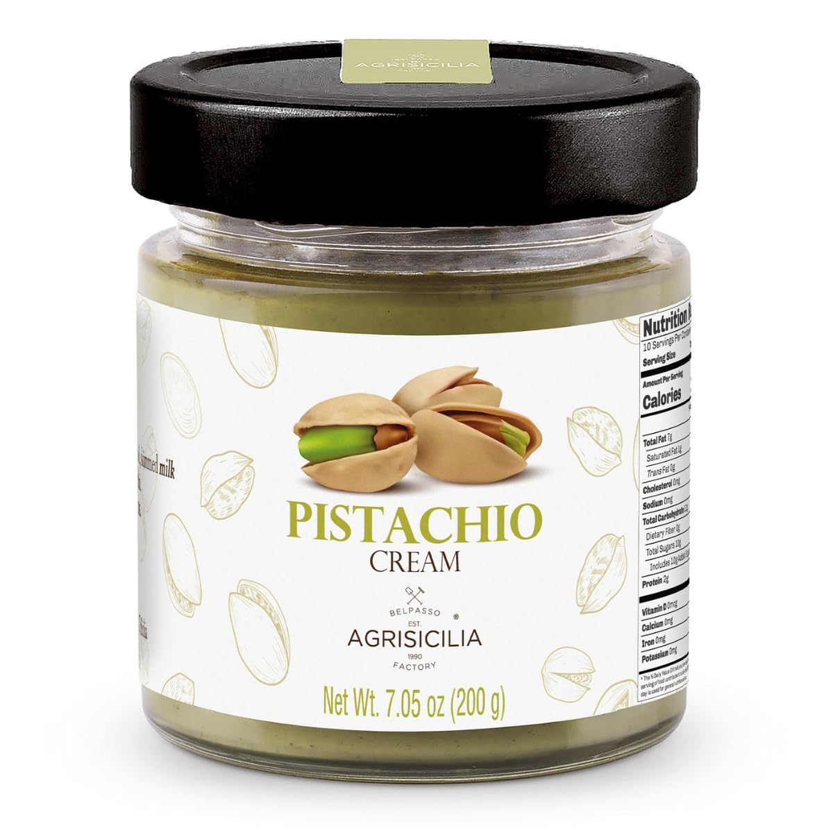Agrisicilia Classic Pistachio Cream Spread - Authentic Italian 20% Pistachios 7.05 Oz (200 G) Jar Sweet Dessert Cream For Pastries Cannoli Cakes Gelato & Dubai Chocolate Bars