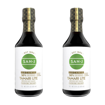 San-J - Organic Gluten Free Tamari Soy Sauce With 50% Less Sodium - Made With 100% Whole Soy - Specially Brewed - 20 Oz. Bottles - 2 Pack