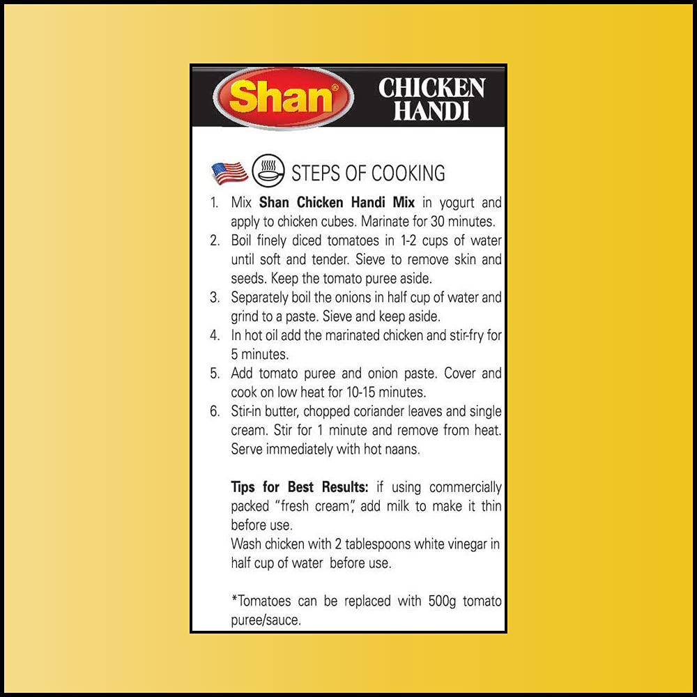 Shan Chicken Handi Recipe And Seasoning Mix 1.76 Oz (50G) - Spice Powder For Juicy Chicken In Creamy Tomato Sauce - Suitable For Vegetarians - Airtight Bag In A Box