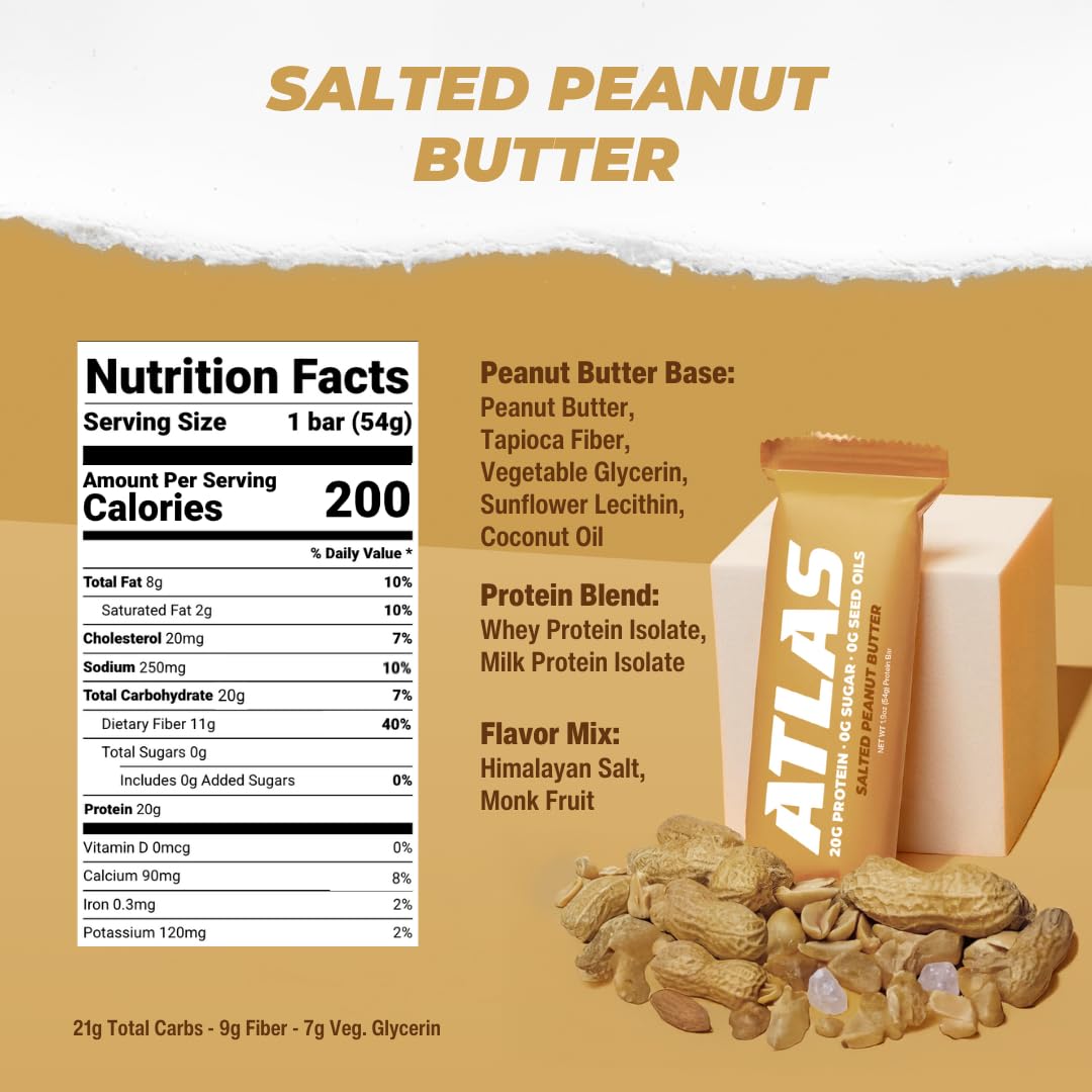 Atlas Bar - 20g Protein 1g Sugar 0g Seed Oils 0g Artificial Sweeteners (12 Count Salted Peanut Butter)