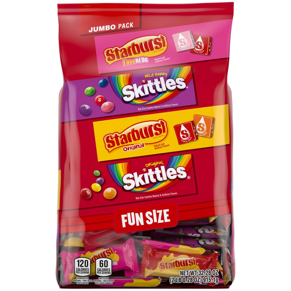 Skittles Original, Skittles Wild Berry & Starburst Original And Starburst Favereds Fun Size Chewy Candy Variety Bag, 32.28 Oz Ju