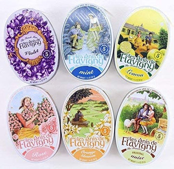 Les Anis De Flavigny Mints 6-Flavor Variety: One 1.75 Oz Tin Each Of Original Anise, Orange Blossom, Rose, Violet, Lemon And Mint (Pack Of 6)