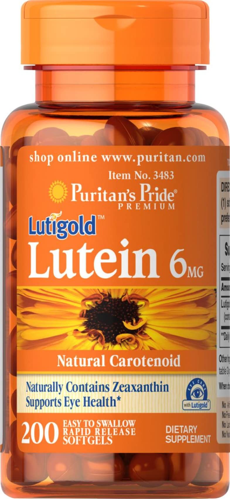 Puritans Pride Lutein 6 Mg with Zeaxanthin Supports Eye Health, Softgel, 200 count