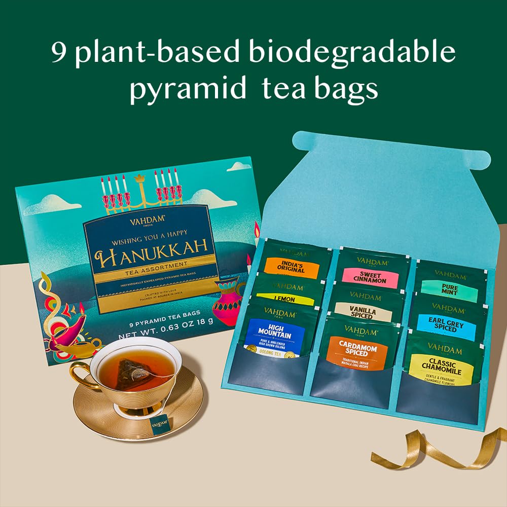 Vahdam, Limited Edition - Hanukkah Tea Gift Basket | 9 Delicious Variety Pyramid Tea Bags | Perfect Hanukkah Gift For Friends An