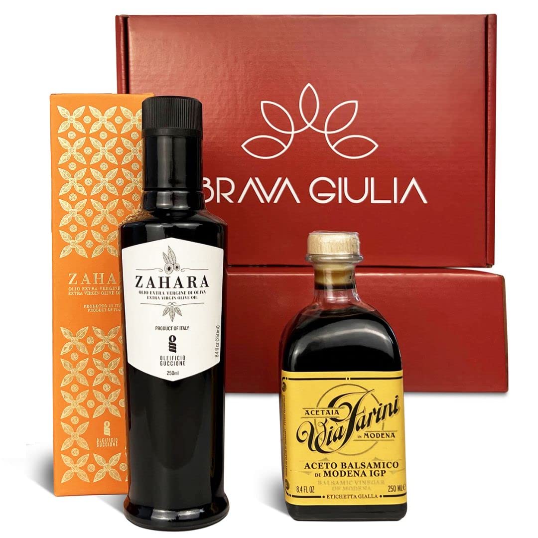 Brava Giulia Selections Gift Box | Premium Gourmet Italian Aged Via Farini Balsamic Vinegar Of Modena And Zahara Extra Virgin Ol