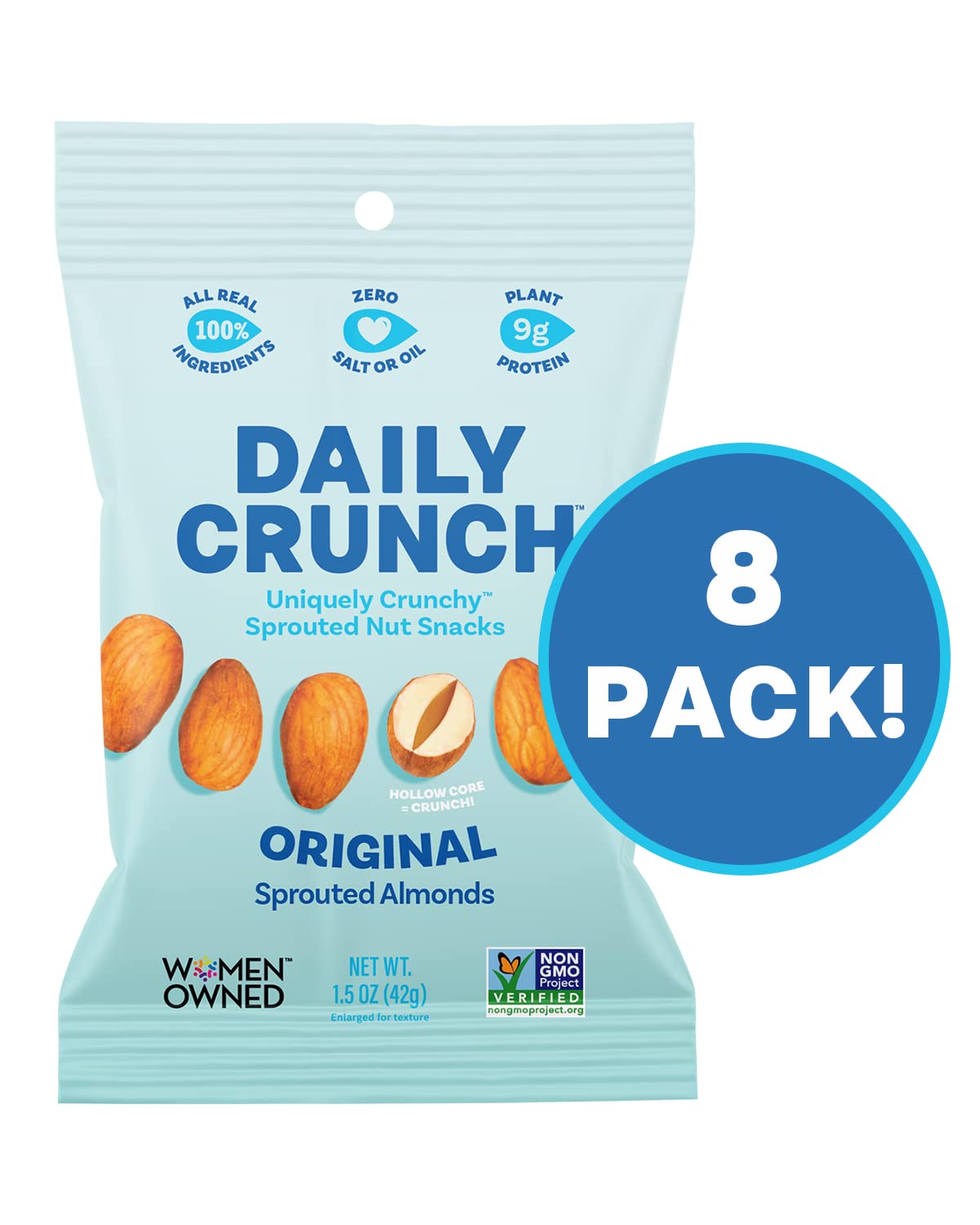 Daily Crunch Sprouted Almonds, 1.5 Ounce Mini, On-The-Go Bags (Original Sprouted, 8 Pack) Sprouted And Dehydrated For A Unique C
