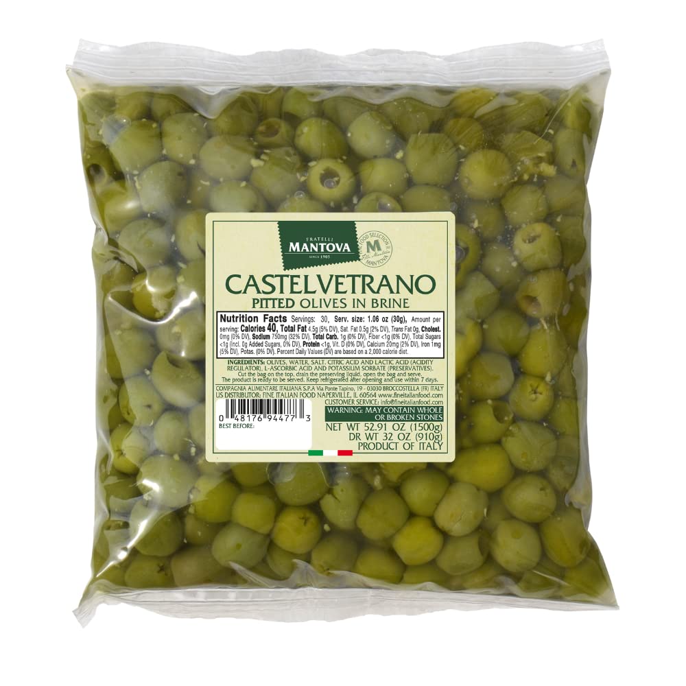 Mantova Pitted Castelvetrano Olives, 52.91 oz, Non-GMO, Gluten-Free, Vegan-Friendly, Ready-to-Eat, Product of Italy