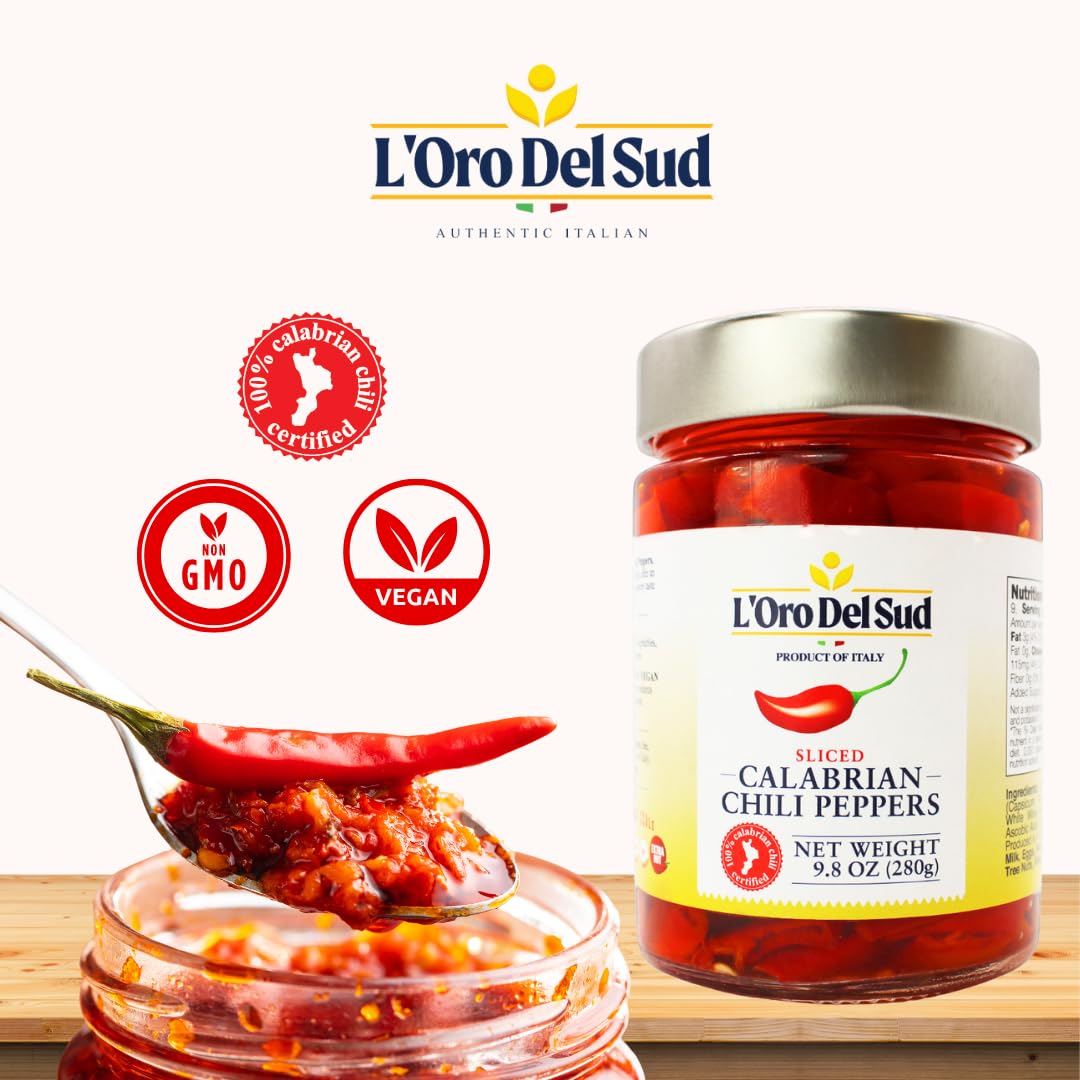 LOro Del Sud Sliced Calabrian Chili Pepper, Chopped Rings, 9.8 oz (280 gm), Certified Authentic, Italian, Peperoncini Calabrese