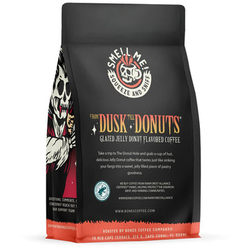 Bones Coffee Company From Dusk Till Donuts Ground Coffee Beans, Jelly Donuts Flavor, Low Acid Flavored Coffee, Made With Arabica