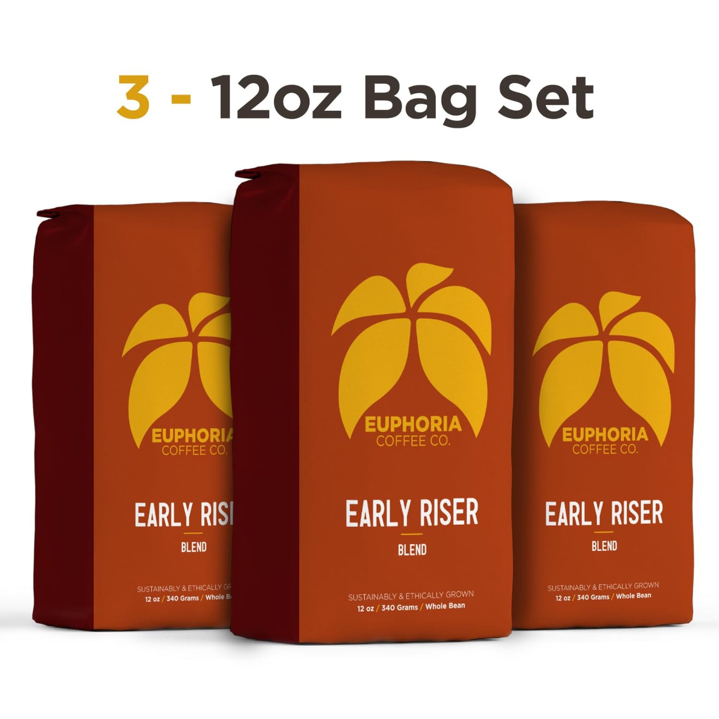 Euphoria Coffee Co. Early Riser Whole Bean Coffee - Light & Dark Roast Blend | 12Oz Bag (3 Pack)