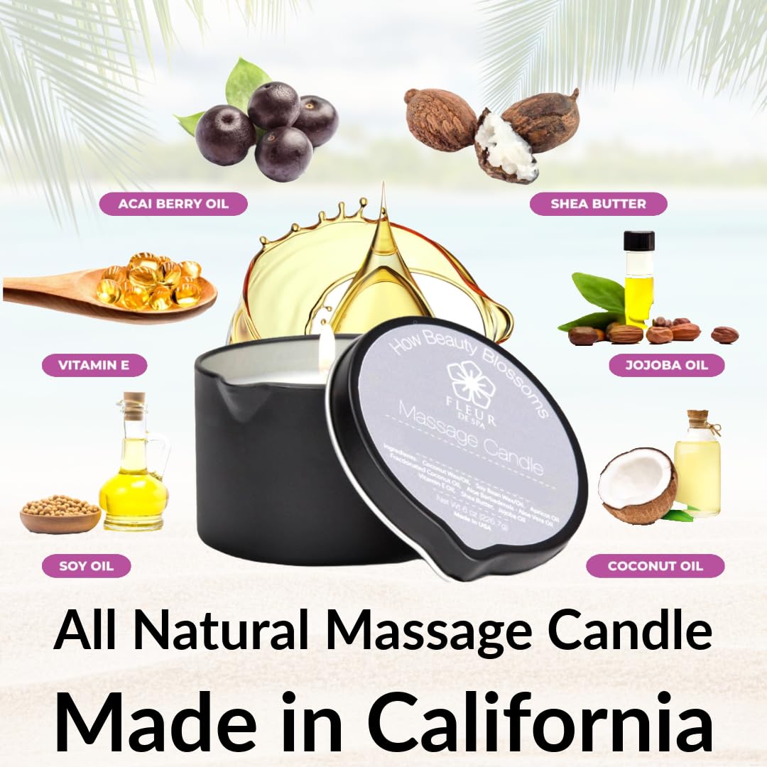 Massage Oil Candle By Fleur De Spa - All Natural - 6Oz With Pour Spout Made In Usa (Leather)