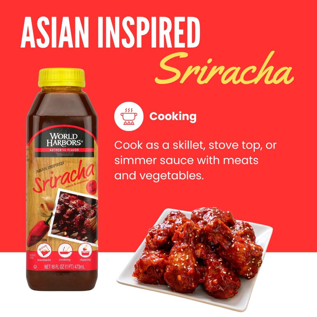 World Harbors Sriracha Hot Sauce & Marinade Perfect For Grilled Meats, Seafood, Dipping, Marinades & Garnishes - Enhance Your Me