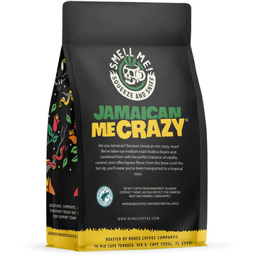 Bones Coffee Company Jamaican Me Crazy, Vanilla Caramel Flavored Coffee, Medium Roast Low Acid Arabica Beans Compatible With Auto Drip And French Press Coffee Maker, 12 Oz Whole Bean