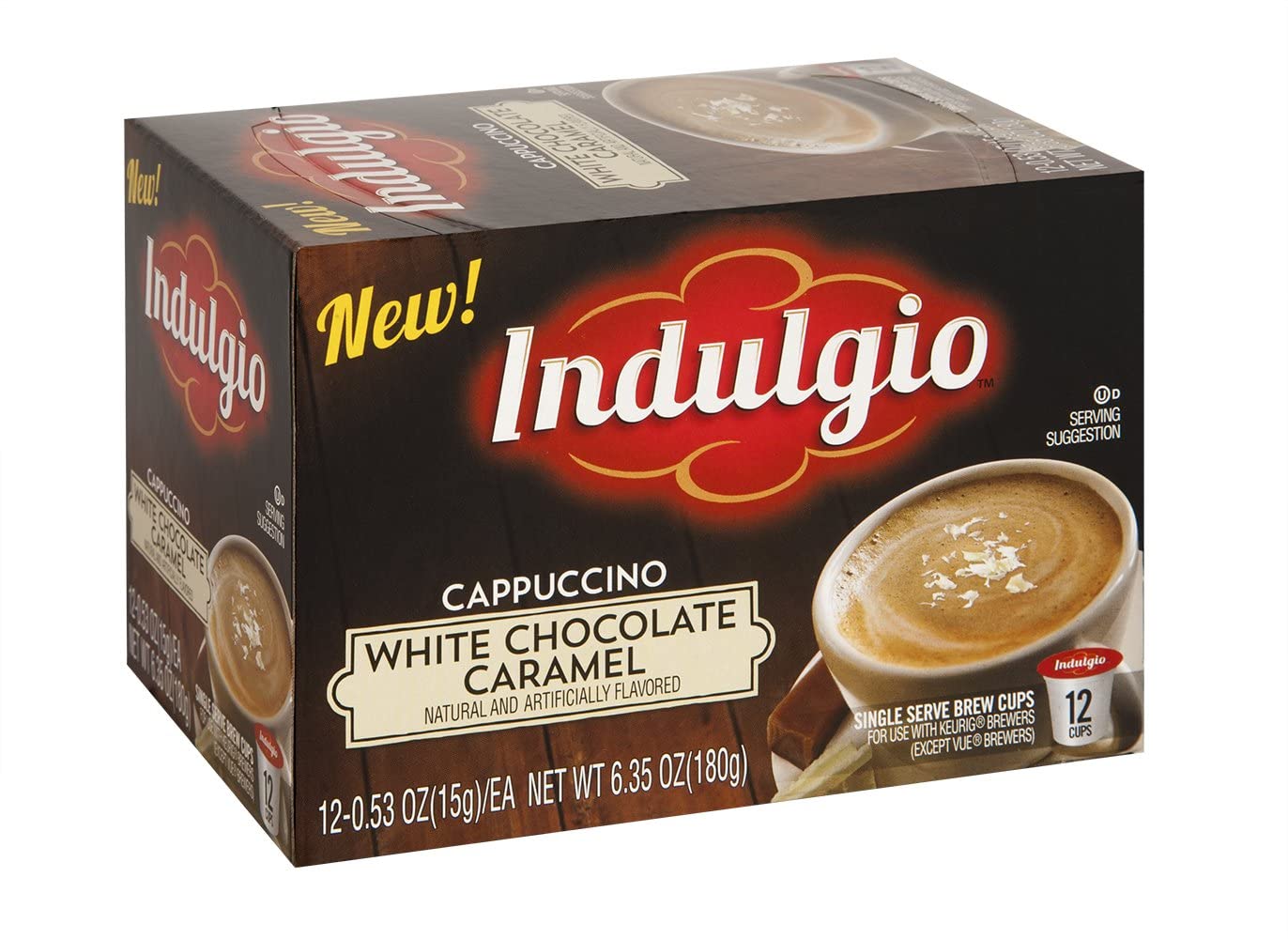 Indulgio 72 Count K-Cups - White Chocolate Caramel Cappuccino - Compatible with 2.0 Keurig malt-inspired - Pack of 6