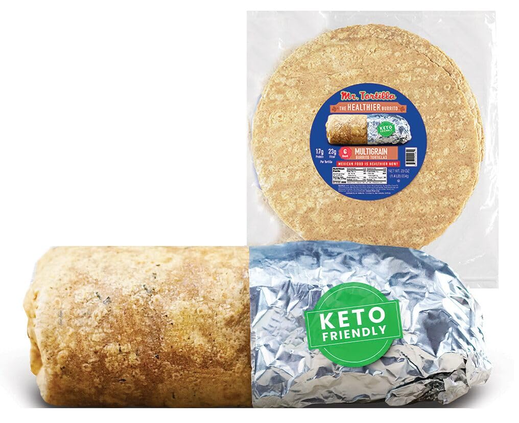 Mr. Tortilla Healthier Burrito Keto, Vegan, Kosher, Low Calorie, Low Carb, High Protein, High Fiber 12-13'' (Multigrain, 6 Wraps