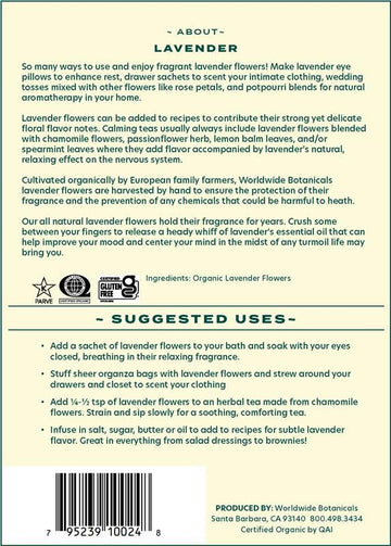 Worldwide Botanicals Organic Lavender Flowers, 4 Ounces, Pure European Lavender Buds, Perfect For Aromatherapy, Sachets, Wedding