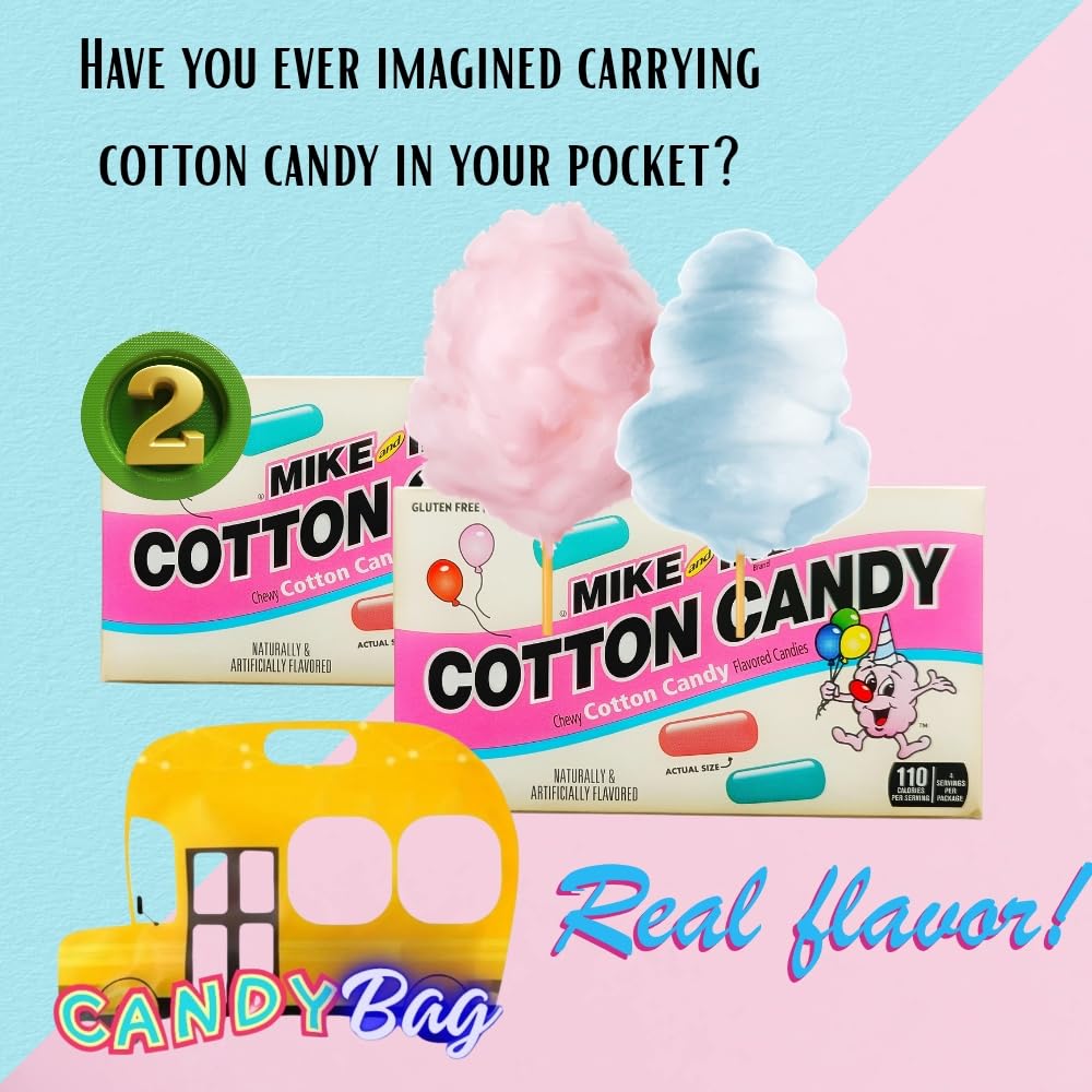 (Pack Of 2) Mike Ike Retro Candy - Pink And Blue Cotton Candy Flavor - Gluten Free - Fat Free - Comes With One Bus Resealable Zi