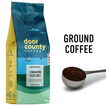 Door County Coffee Cinnamon Hazelnut Decaf Flavored Coffee | 10Oz Bag | Ground Coffee Medium Roast | 100% Arabica Coffee | Cinnamon Hazelnut Decaf