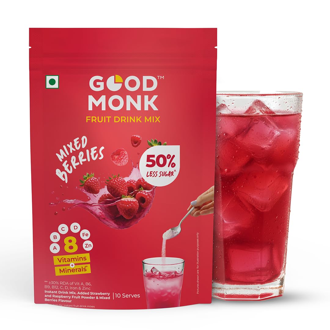 Good Monk Fruit Drink Mix (Natural Mixed Berries Powder), 50% Less Sugar with 8 Vitamins & Minerals (Vitamin B12, C, D, Iron & m