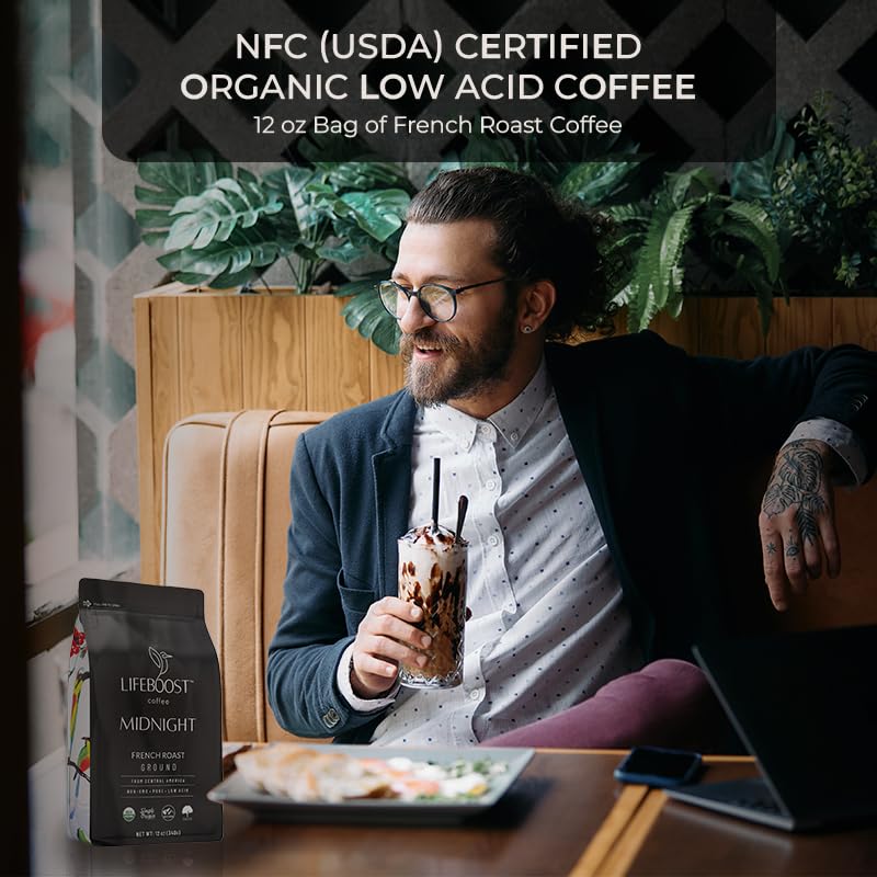 Lifeboost Midnight French Roast Coffee Ground - Non-Gmo Single Origin Usda Organic Low Acid Coffee French Roast - Third Party Te
