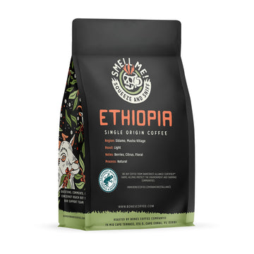 Bones Coffee Company Ethiopia Single-Origin Ground Coffee Beans, Low Acid Coffee, Made With Arabica Coffee Beans, Coffee Lover Gift Ideas, Ground Coffee Light Roast (12 Oz)