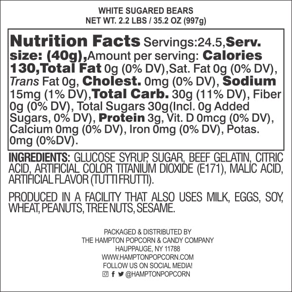 The Hampton Popcorn Company White Gummy Bears, Tutti Frutti Flavor, 2.2 Pound Bag