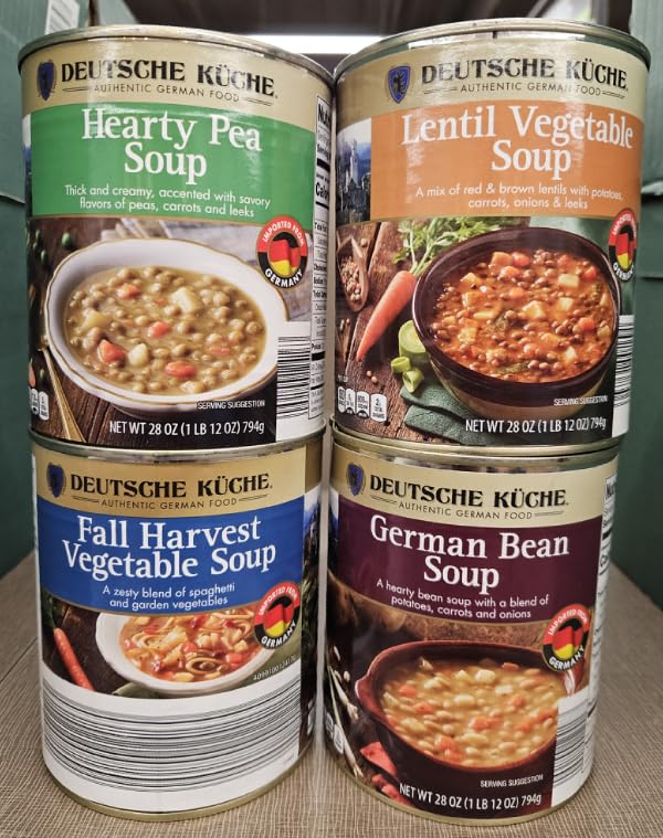 Deutsche Kuche Authentic German Soup Hearty Pea, Fall Harvest Vegetable, Lentil Vegetable & German Bean 28oz 794g (Four Cans)