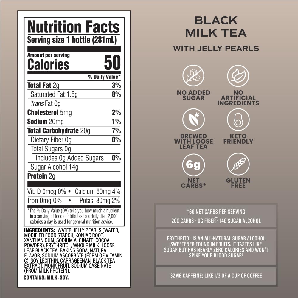 Bubluv Low Sugar Bubble Tea - Black Milk Tea With Low-Carb Jelly Pearls - Ready-To-Drink Zero Sugar Boba Tea In A Glass Bottle,