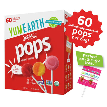Yumearth Organic Pops Variety Pack, 60 Fruit Flavored Favorites Lollipops, Allergy Friendly, Gluten Free, Non-Gmo, Vegan, No Art