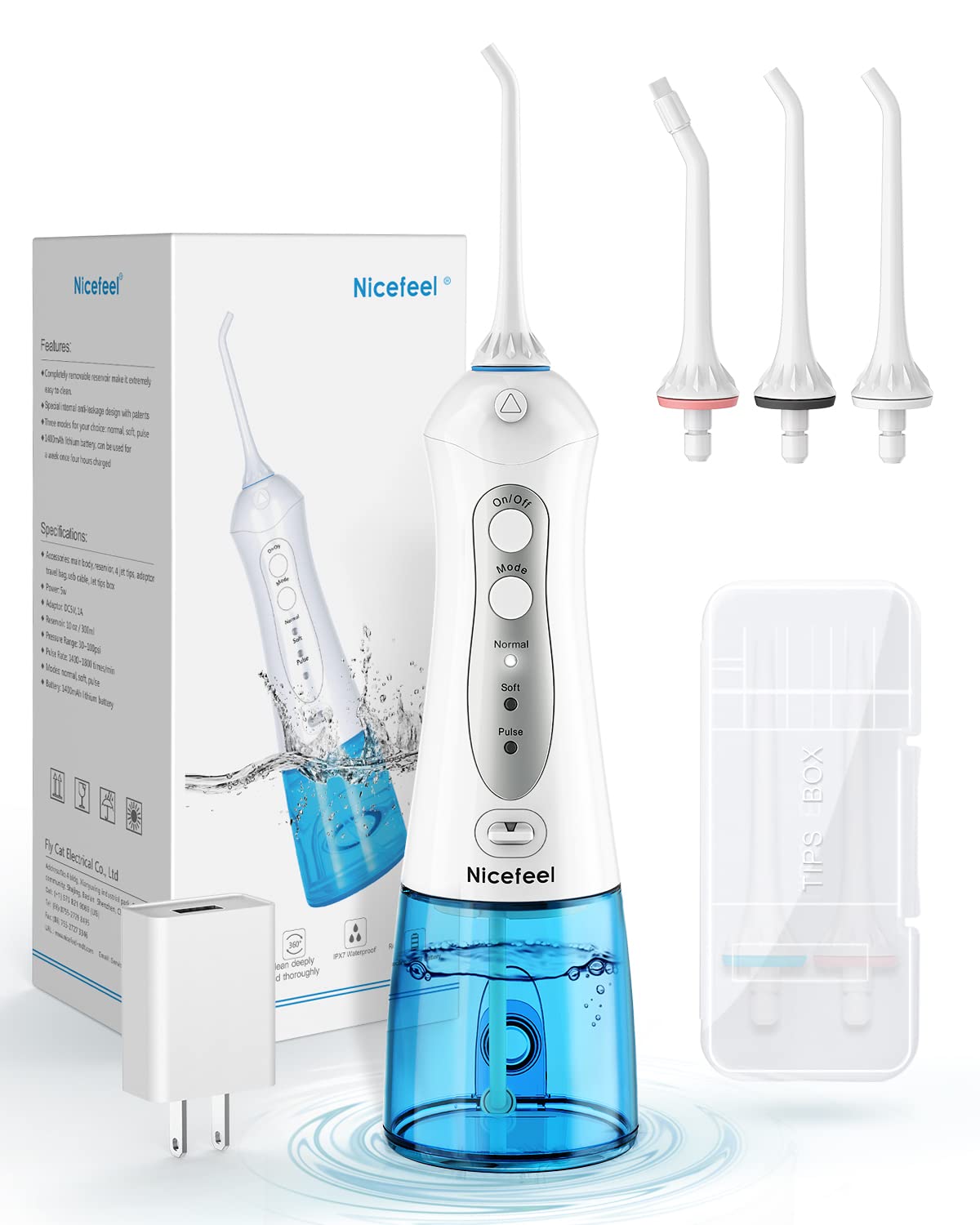 Cordless Water Flosser Teeth Cleaner, Nicefeel 300Ml 2 Tip Cases Portable And Usb Rechargeable Oral Irrigator For Travel, Ipx7 W