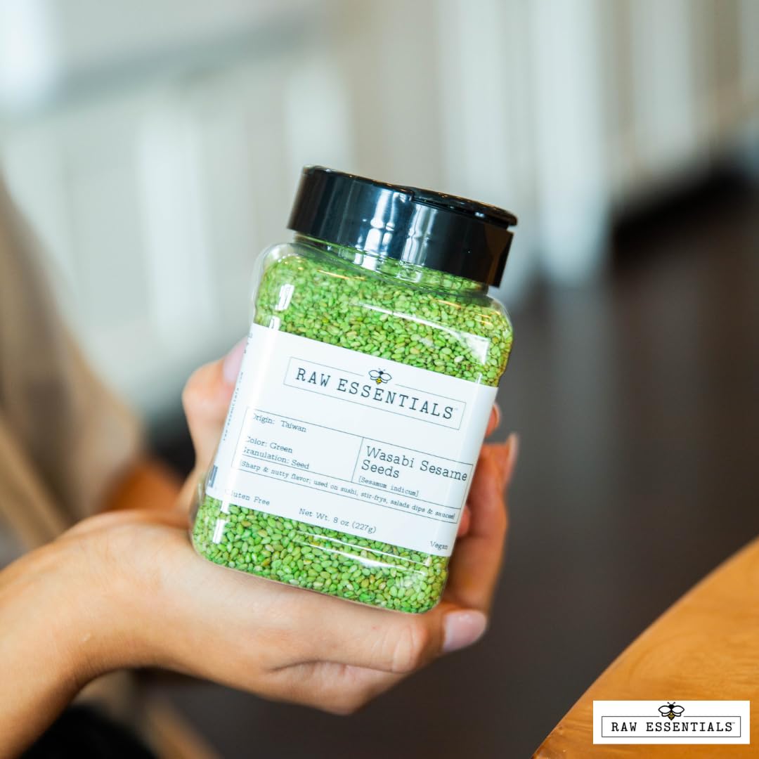 Raw Essentials Wasabi Sesame Seeds - Bold, Nutty Flavor With A Spicy Kick For Sushi, Stir-Fries, Salads, And More -Non-Gmo, Vega