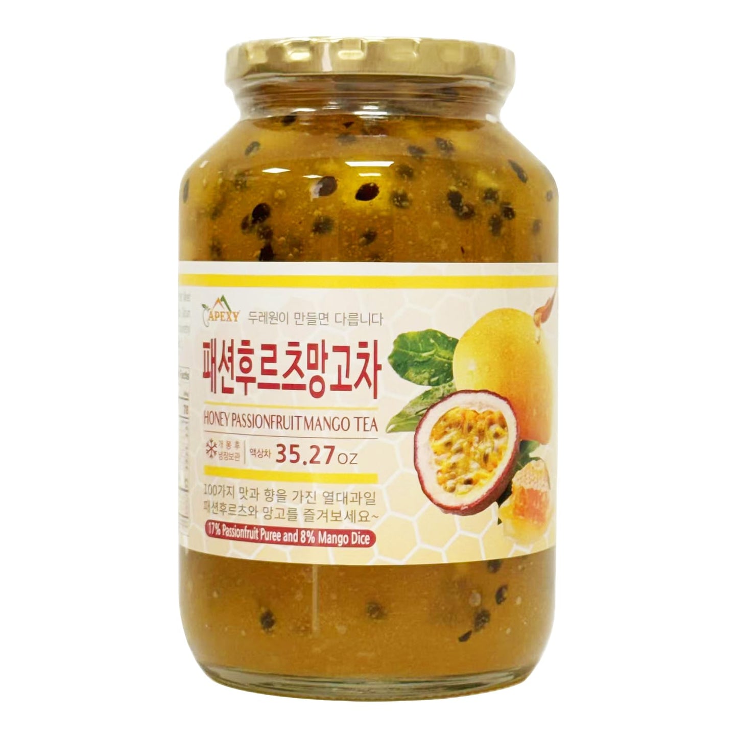 Apexy Korean Honey Passionfruit Mango Tea Made With Real Fruit No Artificial Colors - Tropical Drink Base Dessert Topping Smoothies Mixed Flavors Yogurt Made In Korea 35.27Oz (1Kg). (Passion Fruit Mango)