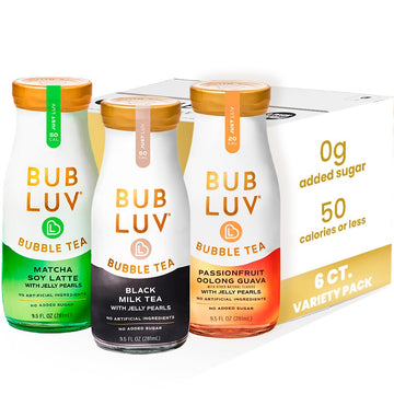 BUBLUV Low Sugar Bubble Tea with Low-Carb Jelly Pearls - 3 Flavor Variety Pack (2 bottles each of Black Milk Tea, Matcha Soy Lat