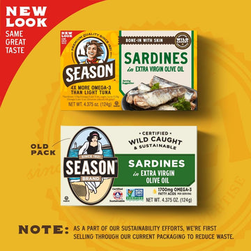 Season Sardines in Extra Virgin Olive Oil - Wild Caught, 22g of Protein, Keto Snacks, More Omega 3's Than Tuna, Kosher, High in