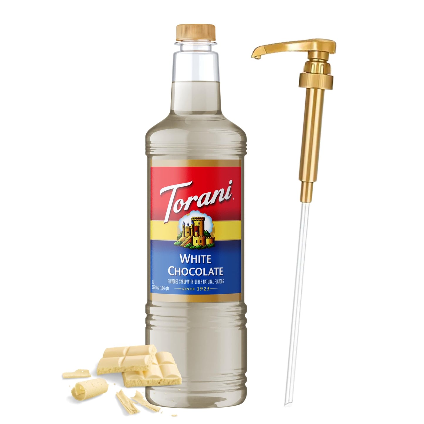 Torani White Chocolate Syrup 1 Liter Bottle With Pump - Top-Grade Coffee Flavoring With Natural Ingredients For Lattes Mochas Desserts Mixed Flavors & Baking - Caf?-Style Sweetener For Home Baristas