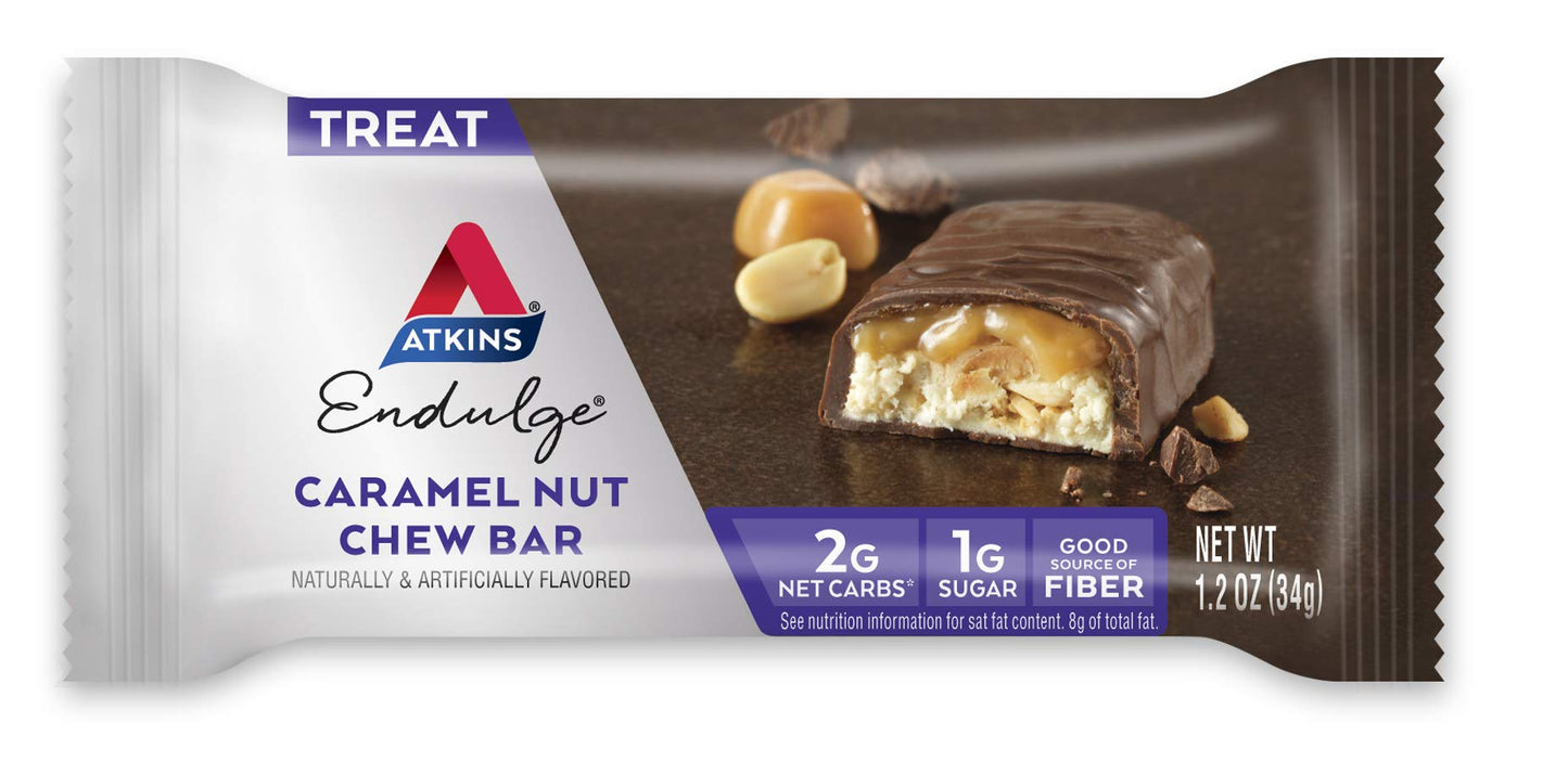 Atkins Endulge Caramel Nut Chew Bar, Dessert Favorite, 1G Sugar, Good Source Of Fiber, 5 Count (Pack Of 2)