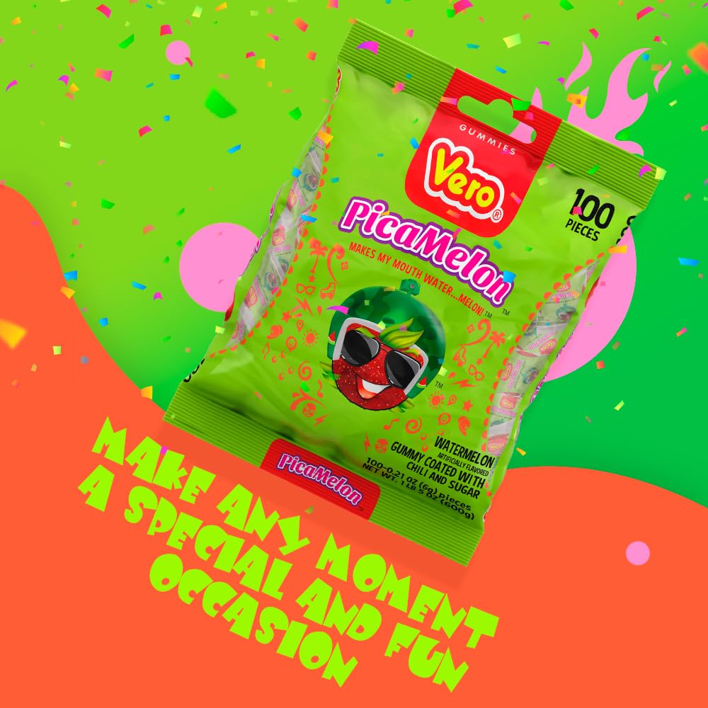 Vero Picamelon - Watermelon Flavored Chewy Gummy Treats Coated in Chili Powder 100 Pieces (Net Wt. 1 Lb, 5,15 Ounces) - Individu