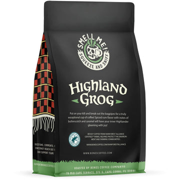Bones Coffee Company Highland Grog Flavored Coffee Beans & Ground Coffee Butterscotch Caramel Flavor | 12 Oz Medium Roast Arabica Low Acid Coffee | Gourmet Coffee (Whole Bean)