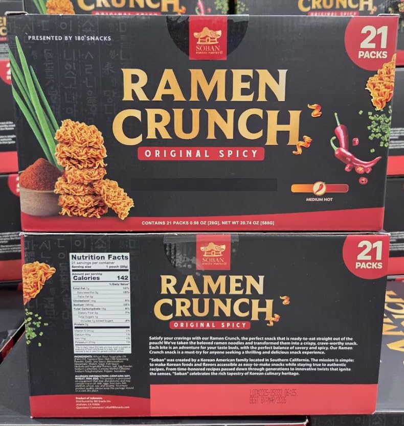 Soban Korean Pantry Ramen Crunch Original Spicy Medium Hot Snack 20.74Oz 588G (Two Boxes)