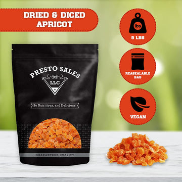 Presto Sales Apricot, Fancy Chopped, Sweet Turkish, 80 Oz. | No Added Sugar, Dried Fruit, Snack | Dietetic, Vegan, Intense Flavor, Burst Of Energy, 1 Choice | Resealable 5 Lbs. Bag