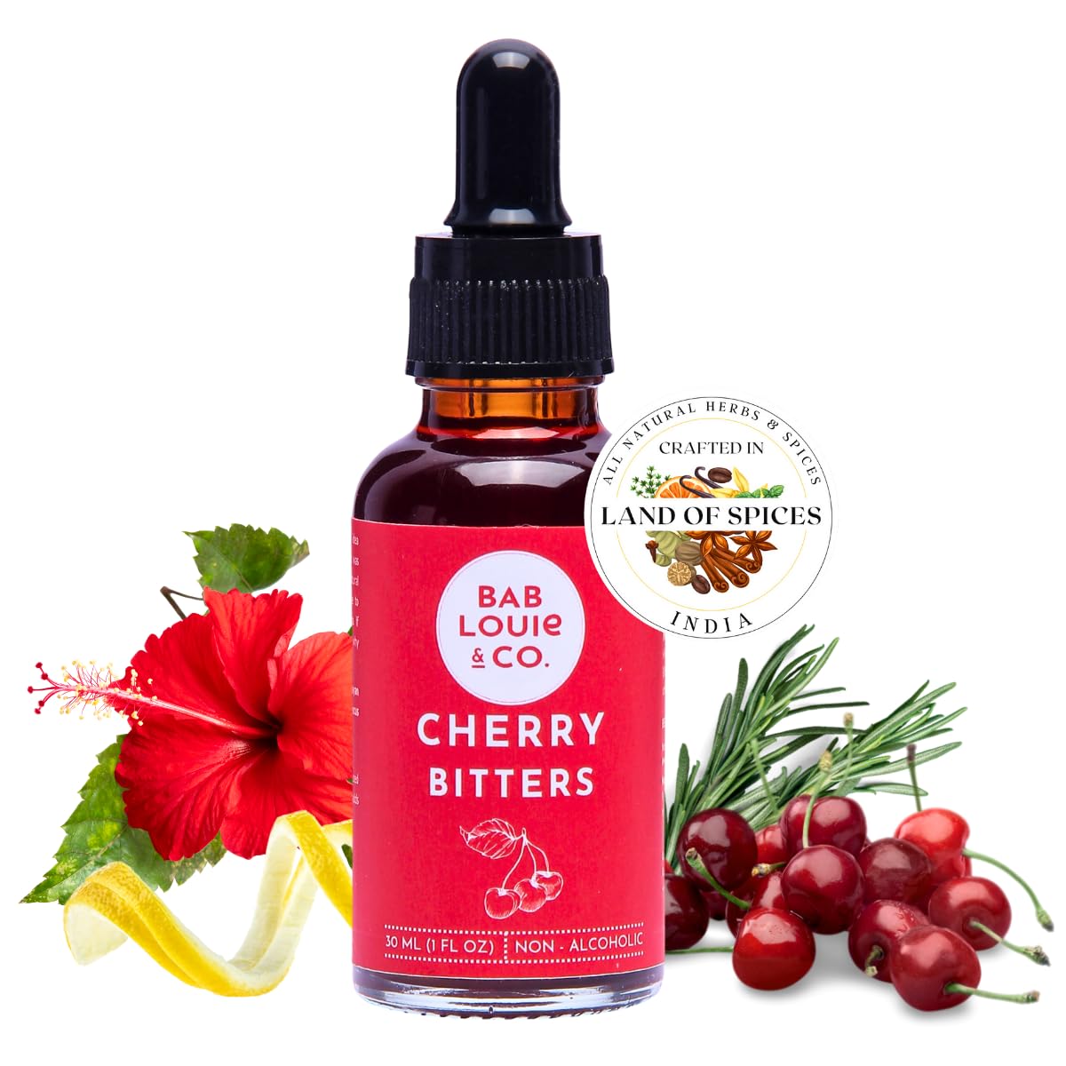 Bab Louie & Co. Cherry Bitters Non-Alcoholic Cocktail Mix, 1 Fl Oz, 100% Natural Herbs