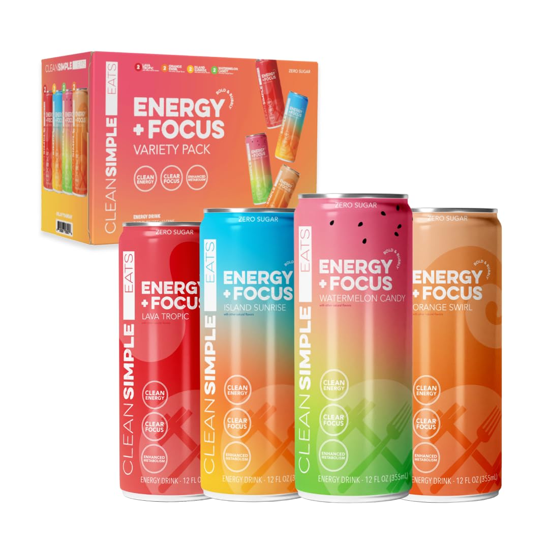 Clean Simple Eats Energy Drink, 100mg Organic Caffeine, B Vitamins, Zero Sugar, 8 Pack, Variety Pack, 12 Oz Cans