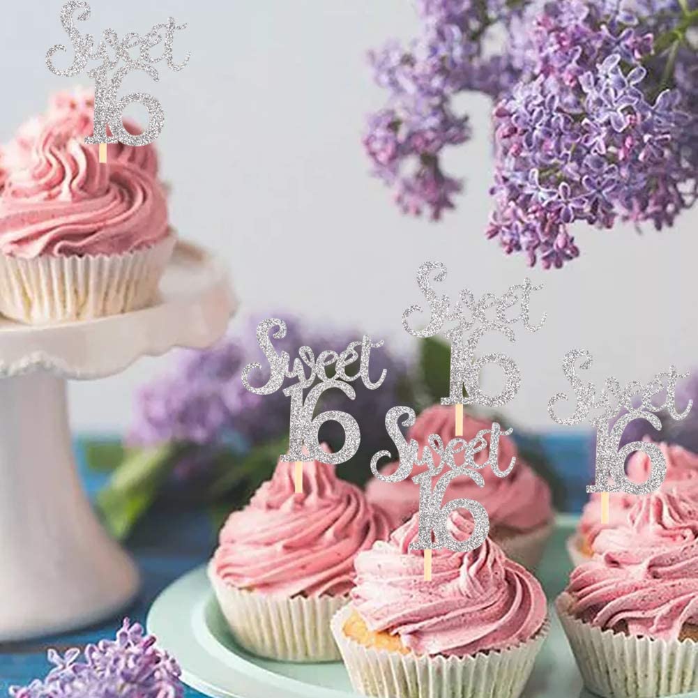 Ercadio Silver Sweet 16 Cupcake Toppers Glitter Age Sixteen Cupcake Picks 16Th Birthday Party Cake Decorations Supplies 24 Pcs